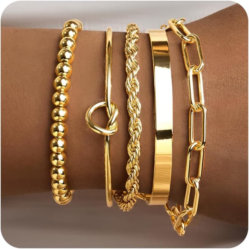 TEMU 14k Gold Plated Women's Thick Bracelet- Cuban Rope, Beads, And Knot Bracelet, Anti-tarnish Stackable Jewelry Gift(-)- Casual Wear, Wedding, Party- Durable 14k Gold Plated Suitable For