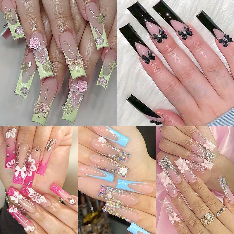 TEMU Luxury 3d Press On Nails Nude Fake Nails French Nails Tips Full Cover Fake Flower Nails Long Square False Nails For Women And 120pcs (5pcs)