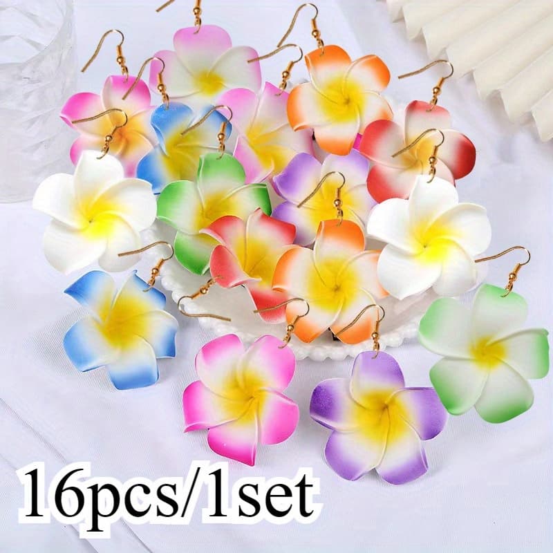 TEMU 16pcs Women's Fashion Plumeria Dangle Earrings Set Vibrant Holiday Jewelry, Great For Birthdays And Parties, Party Accessories Bohemian Style Earrings