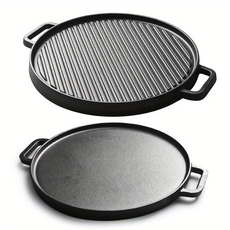 TEMU 30cm Double-sided Baking Tray Without Coating, Old-fashioned Iron Pan, Double Handle, Cast Iron Stovetop Grill, Grill Tray, Frying Tray