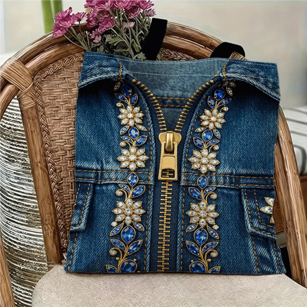 TEMU 1pc Double-sided Printing Jacket With Diamond Zipper Super Large Folding 2d Printed Shopping Bag With Pattern - Portable, Lightweight And Durable For Daily Use, Machine Wash