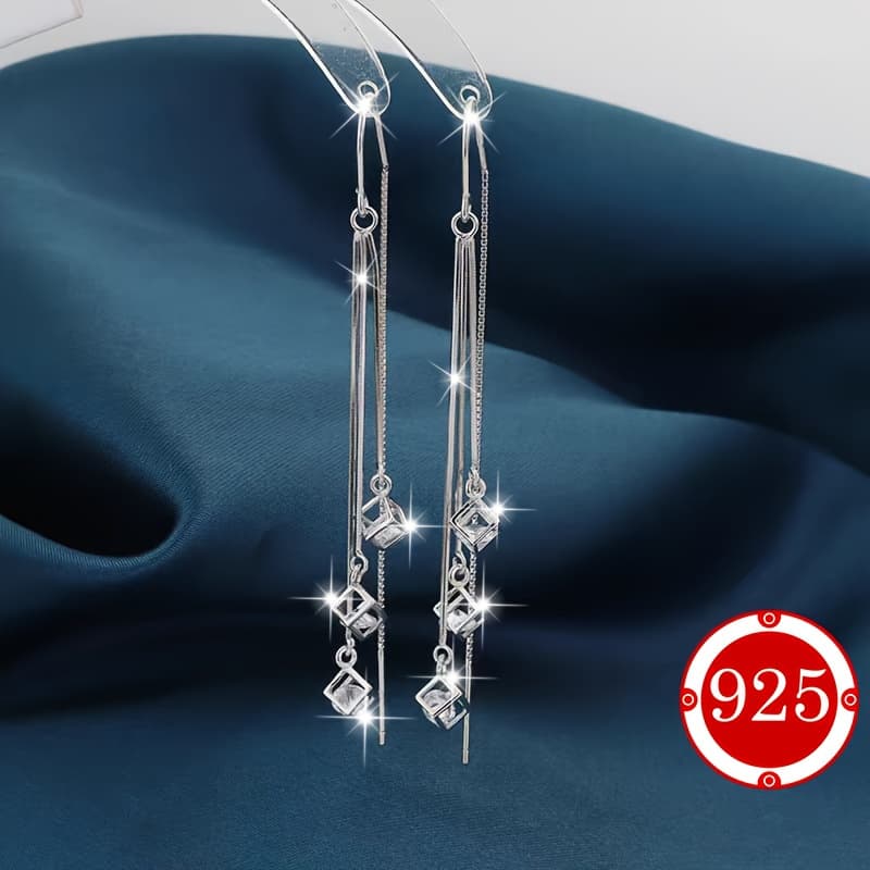 TEMU [925 Sterling Silver Tassel Earrings]elegant 925 Sterling Silver Cubic Tassel Design Pendant Earrings - Hypoallergenic, Suitable For Daily Wear And Special Occasions, For Her