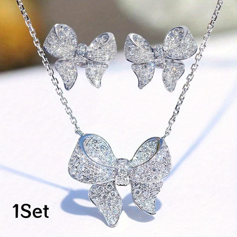 TEMU 1 Set Elegant Fashionable Bow Stud Earrings Necklace Set Luxury Valentine's Day Anniversary Birthday Party Gift Jewelry Set, For Teenager