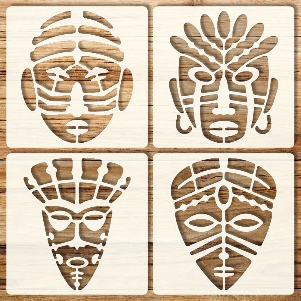 TEMU 4pcs African Tribal Mask Painting Stencil Set -- 6-inch -- Reusable Cream-colored Pet Stencils For Wall, Fabric, Paper, And Furniture Decor Primitive Tribal Templates