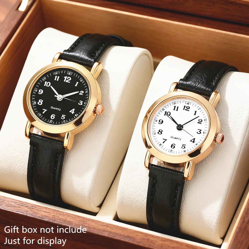 TEMU 2pcs/set Retro Artistic Women's Quartz Watch, Faux Leather Strap-black, Elegant Scheme, Small Round Dial Design Clock
