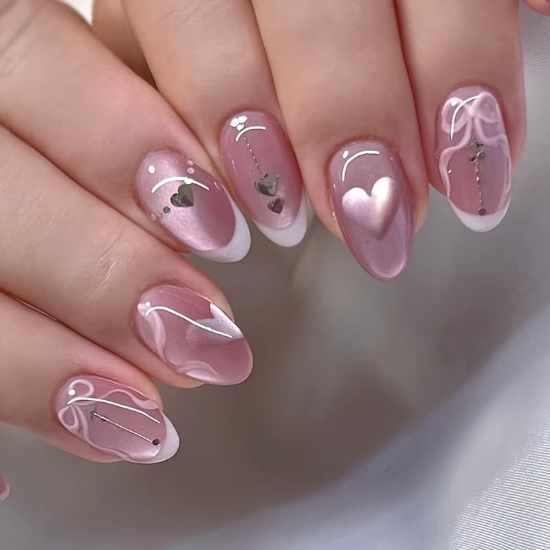 TEMU 48pcs Elegant On Nails Almond Shape Medium Length Glossy End With Heart Bow Accents Removable Fake Nails For Women Reusable Manicure For Everyday Special Occasions Cute Nails Occasion Nails Cat