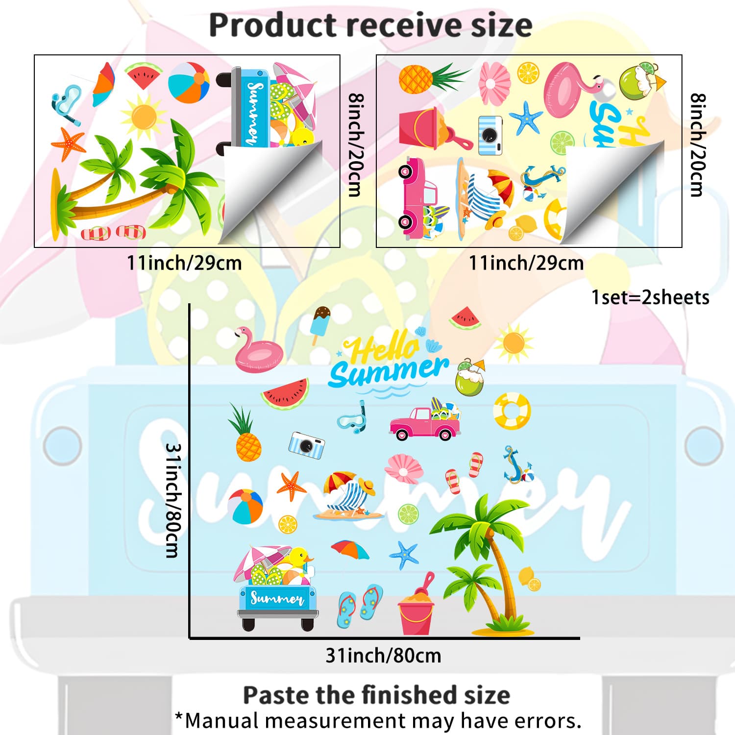 TEMU 2pcs Summer Beach Window Clings, Fresh Hawaiian Style Stickers, Pvc Static Cling, Reusable, Bedroom And Living Room Glass Decorative Decals. 29*20cm