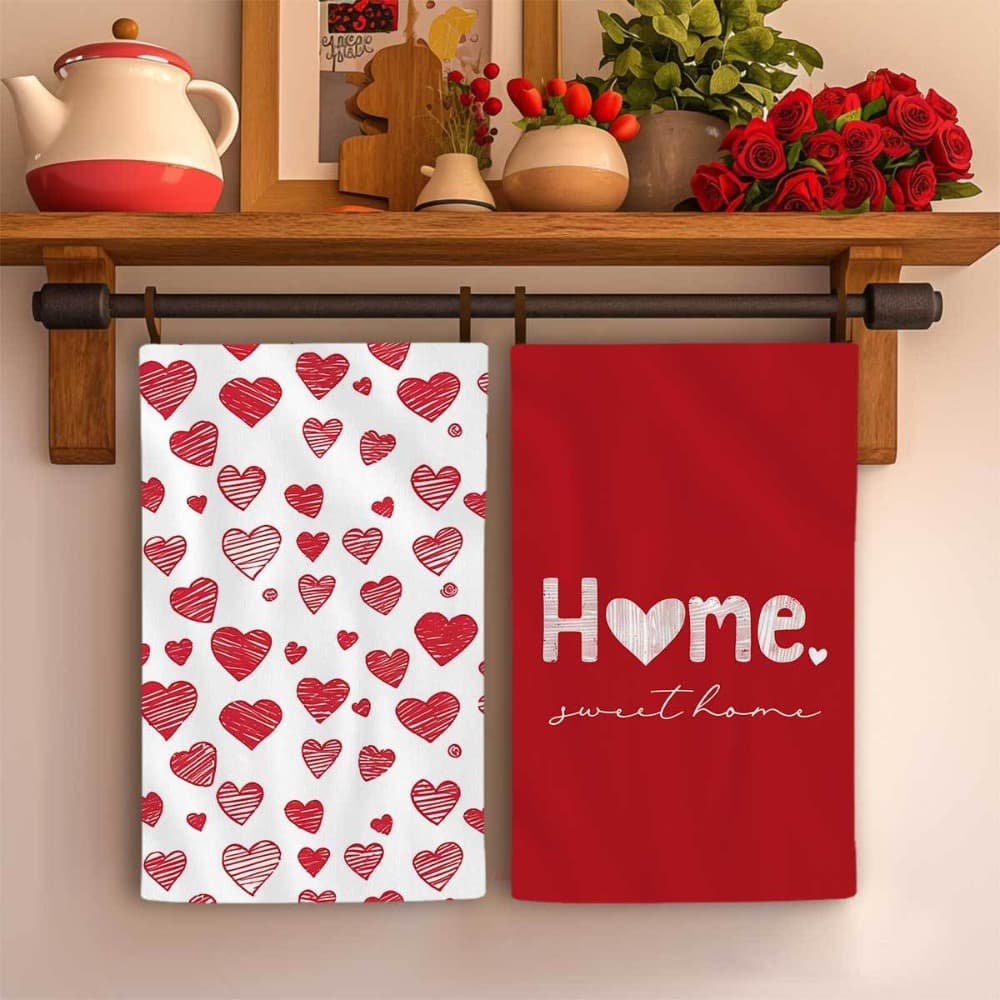 TEMU 2pcs Valentine's Day Kitchen Towels , Soft Polyester. Red/ White Heart Prints & "" Design, Washable, Decor.
