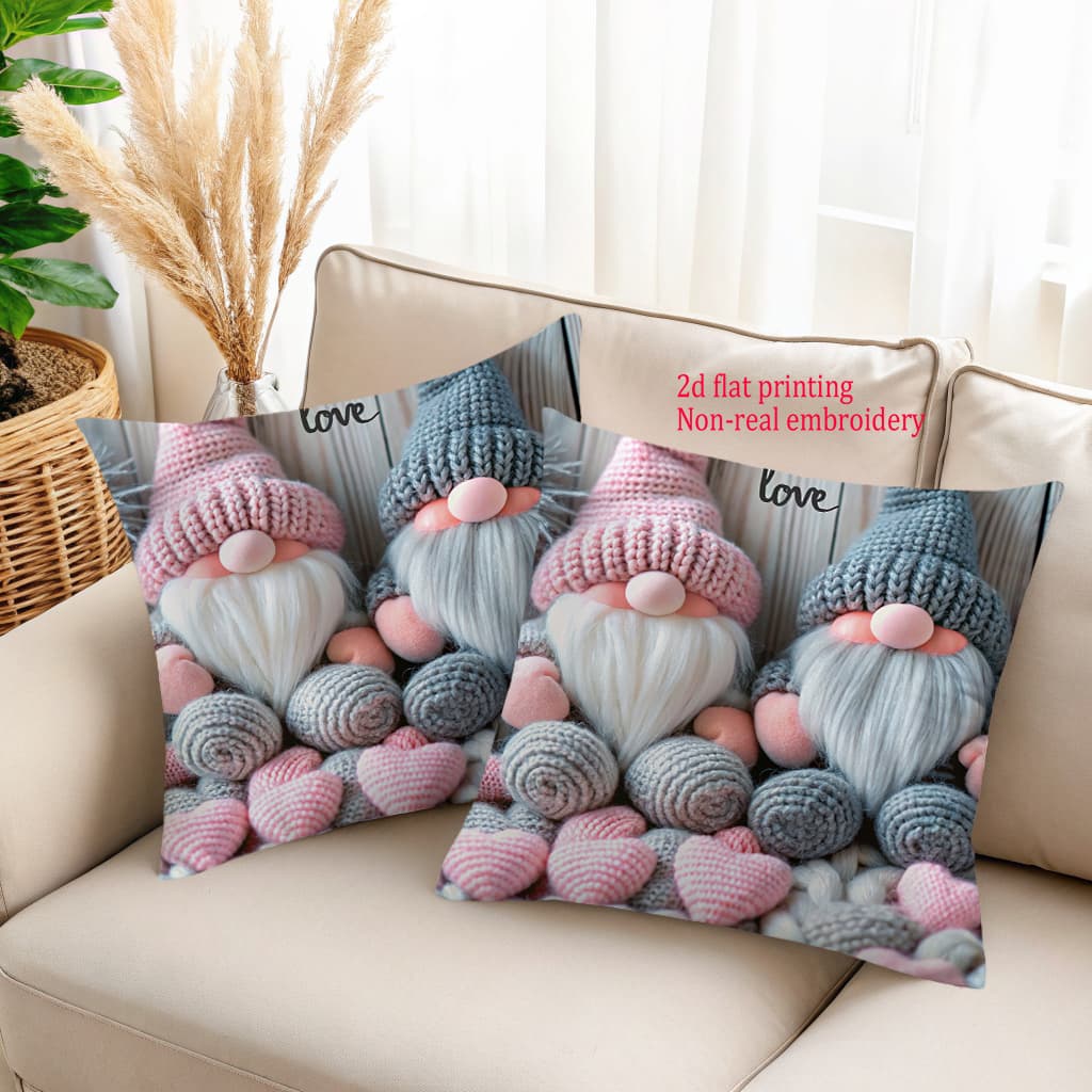 TEMU 2-pack Cute Gnome Pillowcases - 16x16 Inches, 18x18 Inches, 20x20 Inches - With Gnome Design Featuring Hearts And - Soft Fabric Cushion Covers With Zipper Closure