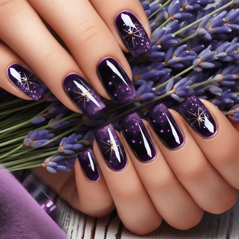 TEMU 48pcs Mystical Night Sky False Nails - Black To Purple Ombre With Starburst Details, Reusable Stick-on Nails For Occasions