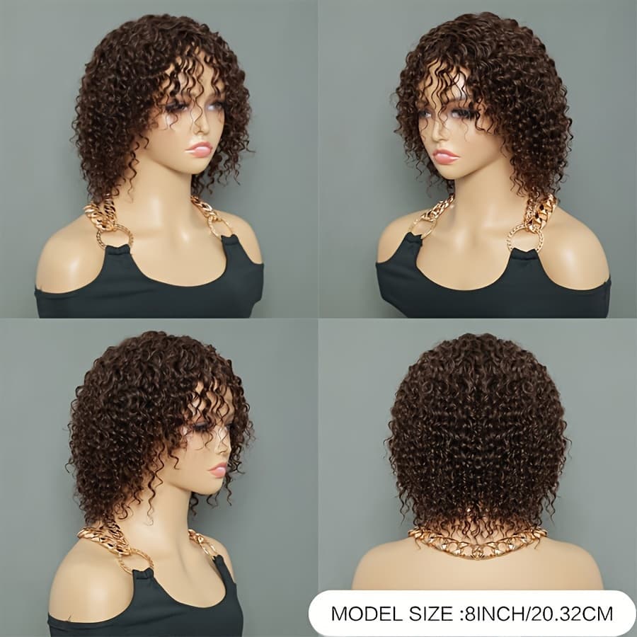 TEMU #2 Brown Colored Curly Wave Wig With Bangs Curly Wig With Bangs Human Hair Full Machine Made No Lace Wig For Women
