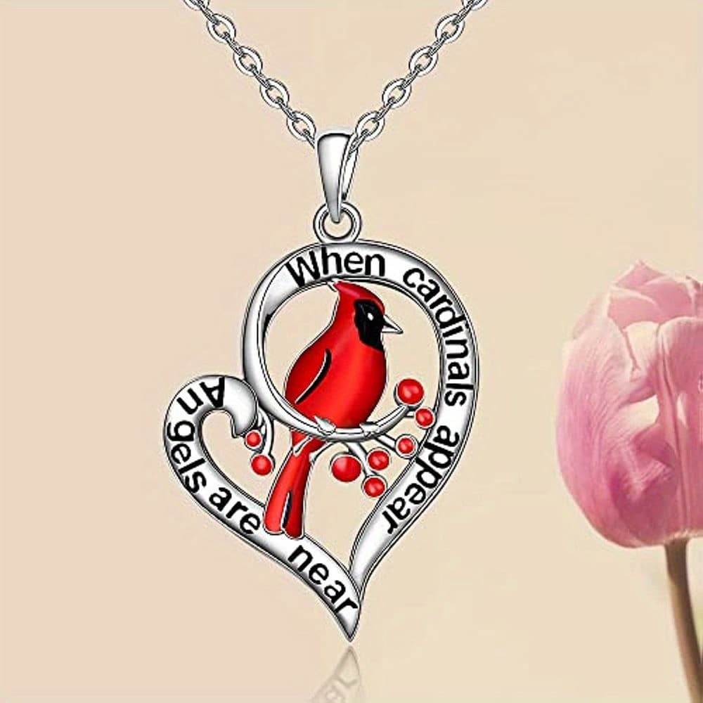 TEMU K Plated Heart & Red Bird Pendant Necklace - Elegant Jewelry Gift Suitable For Christmas, Valentine' Day, Birthdays, Anniversaries, Parties -