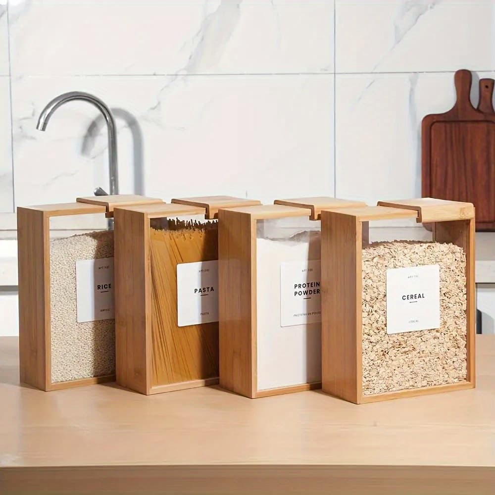 TEMU High .44 Oz Bamboo Food Storage Box, M Storage Box With Slide Cover, Creative Wooden Food Storage Box With Slide Cover-perfect For Pasta, Grains | Reusable Rectangular Kitchen Food Storage Box