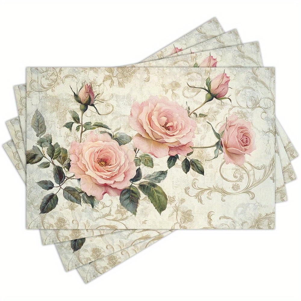 TEMU 4pcs Elegant Shabby Chic Placemats - Washable Linen, Floral Table Decor For Dining Room And Holiday Parties, Rectangular Kitchen Table Mats With Vintage