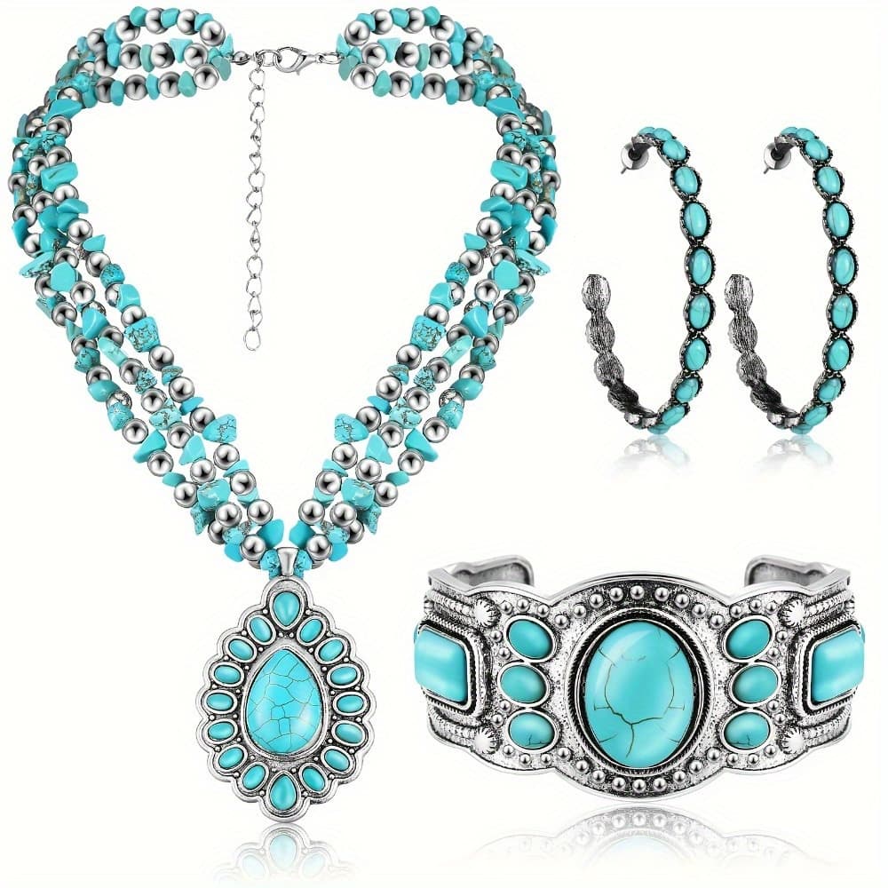 TEMU 3pcs Women's Bohemian Layered Jewelry Necklace & Bracelet Choker With Pendant Earrings - Multi-strand Suitable For Daily Wear, Gift For Parties, Festivals, Layered Chain Bracelet And Earrings