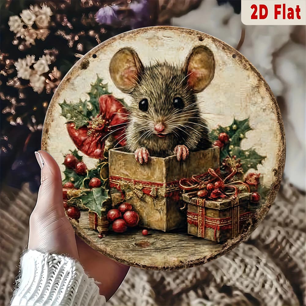 TEMU 2d Flat - Decorative Wall Art In 2d, Made Of, Featuring A Vintage Christmas Mouse Design With Gifts. An Ideal Present For During The , Easy To Perfect For Home Decoration