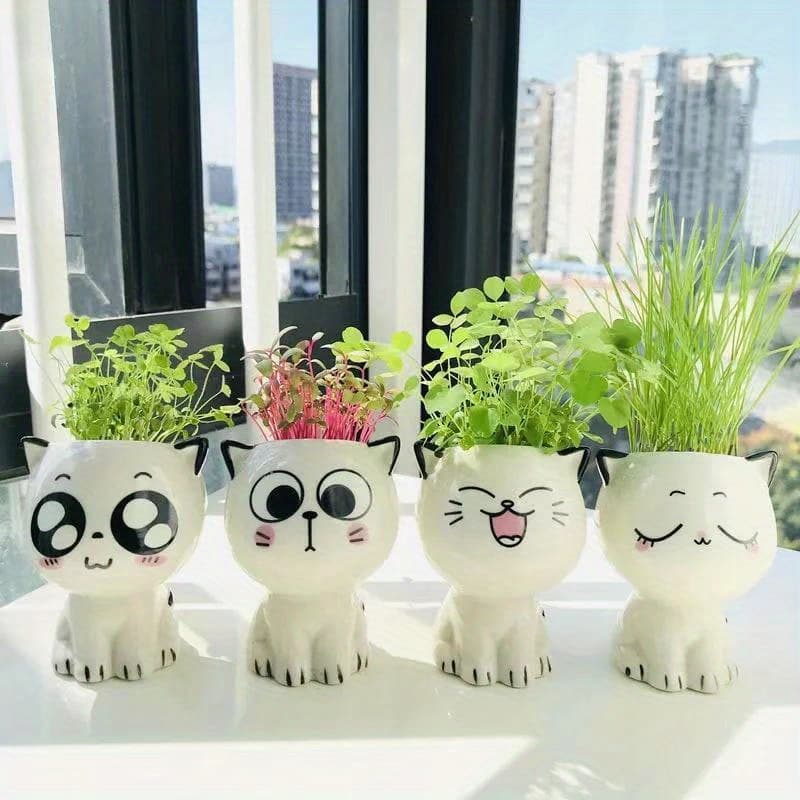 TEMU 4pcs Ceramic Flowerpot Cartoon Cute Plant Desktop Potted Plant Pot Decorate Toys Science Education School Gifts Gardening Gift Home Decor