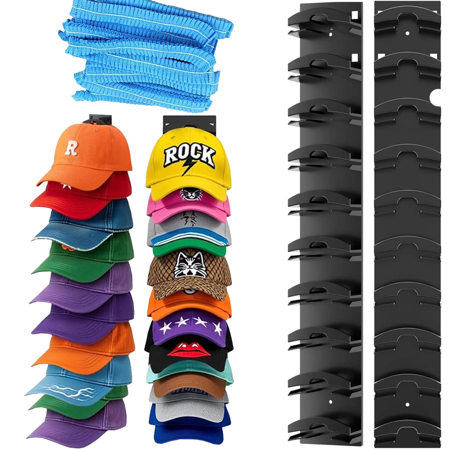 TEMU 2-pack Baseball Organizer, 10-pack Dust Covers, Wall-mounted Hat Rack With Strong Adhesive Hook For Door And Closet, Display Holder For Up To 20 Hats, Multilayer Ball Storage, 2 Mounting Options