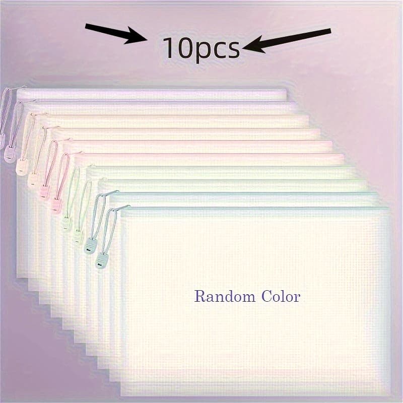TEMU 10pcs Pvc Mesh Zipper Storage Bags - Organizer Folders, Random-color Stackable File Holders For Travel, Documents, Paintings, Crafts, Supplies, File Organizer Bag, Document Folders