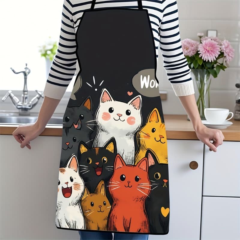 TEMU 1pc Apron With Cute Cat Pattern - Cartoon Cat And Heart-shaped , Suitable For Cooking, Gardening, Home Decor, Crafting, Cat Apron, Apparel