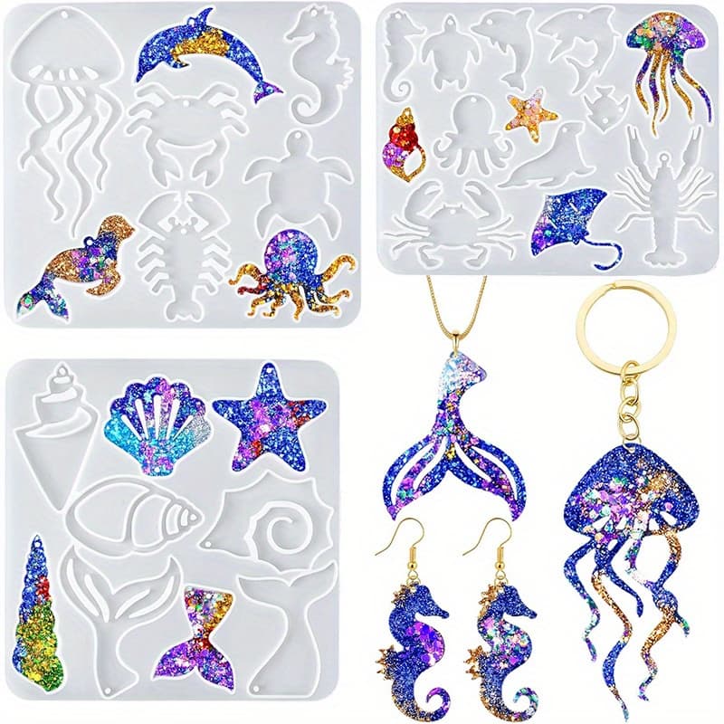 TEMU 3pcs Ocean-themed Silicone Molds For Resin Earrings – Jewelry Making Supplies Featuring Jellyfish, Shell & Starfish Designs For Earrings, Keychains & Pendants
