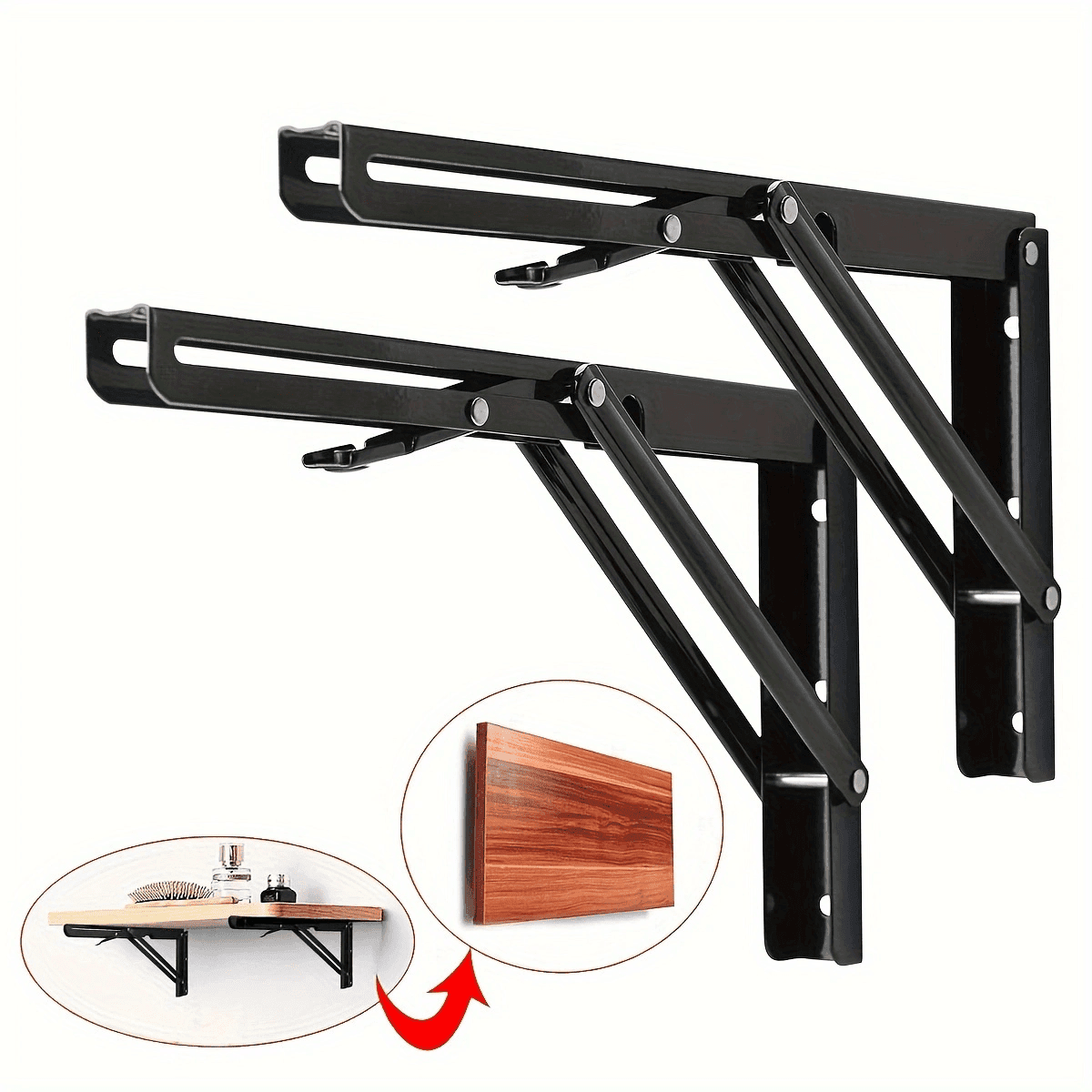 TEMU 2pcs Heavy Duty Metal Folding Shelf Brackets - Sturdy Table & Bench Supports, Wall Mounted Collapsible Hardware, Black