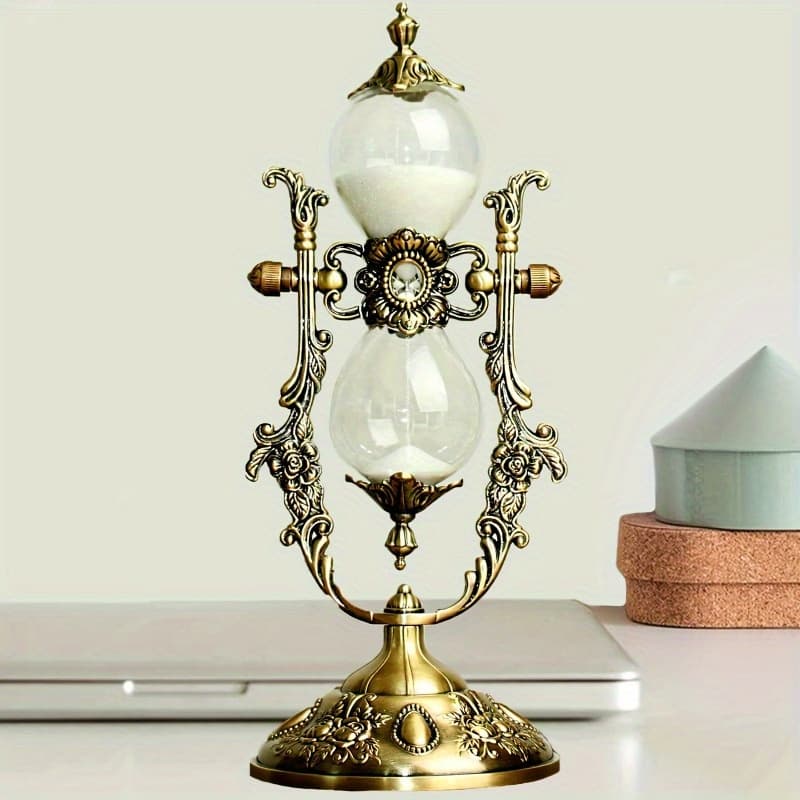 TEMU 1pc Elegant Vintage Style Timer With Engraved Brass Frame - , 360 Degree Rotating Metal Sand Clock, Perfect For Home And Office Desk Decoration, Unique Gift