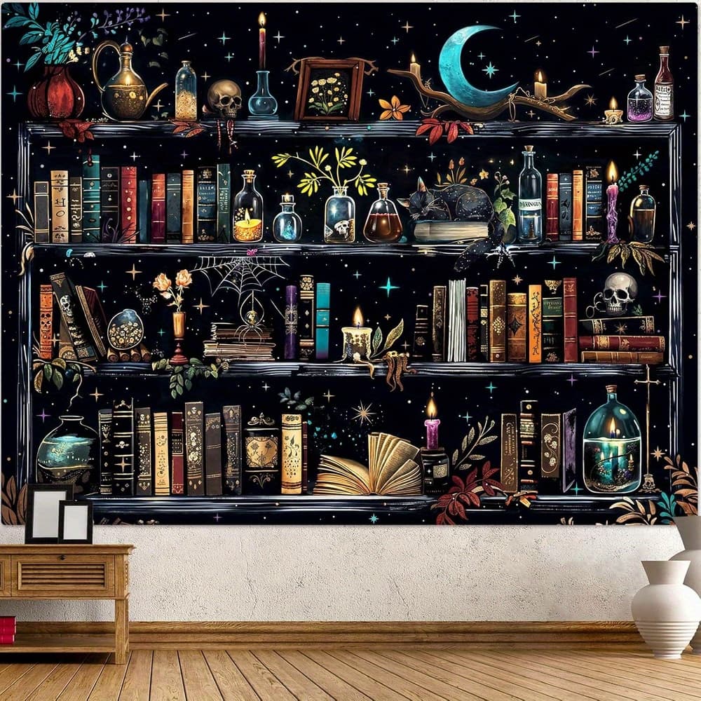 TEMU 2d Bookshelf Tapestry Magical Potion Tapestries Wall Hanging Gothic Black Cat Library Book Tapestry For Bedroom Living Room Dorm