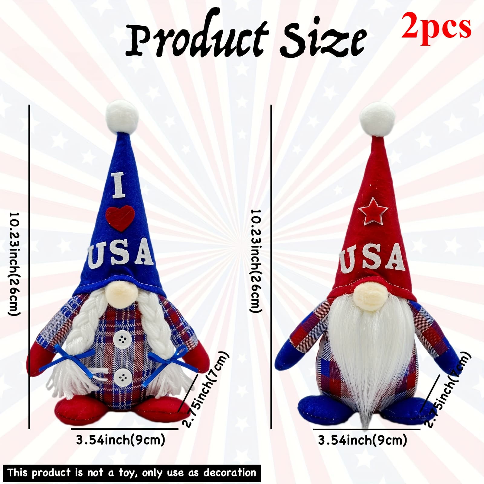 TEMU 2pcs Patriotic Gnome Figurine - Striped Star , Mini Tabletop Decor, Perfect For American Day, Memorial Day, National Day & Labor Day, Decorations, Collectible Decorative Piece, Suitable 14+