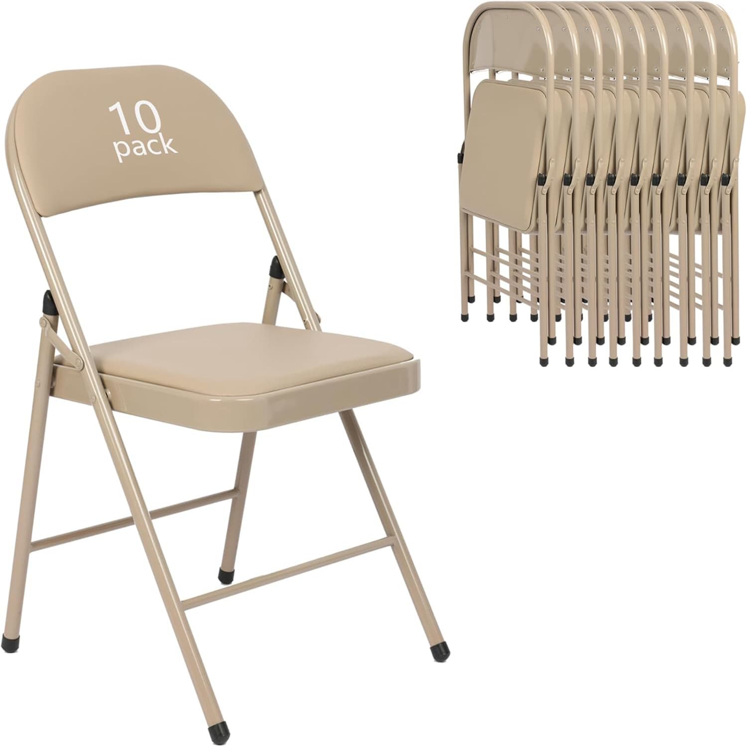 TEMU 10 Pack Khaki Folding Chairs With Padded Seats For Outdoor & Indoor, Padded Folding Chairs For Events Office Wedding Party, Portable Stackable Leather Folding Chair, Urban Khaki, 10pack