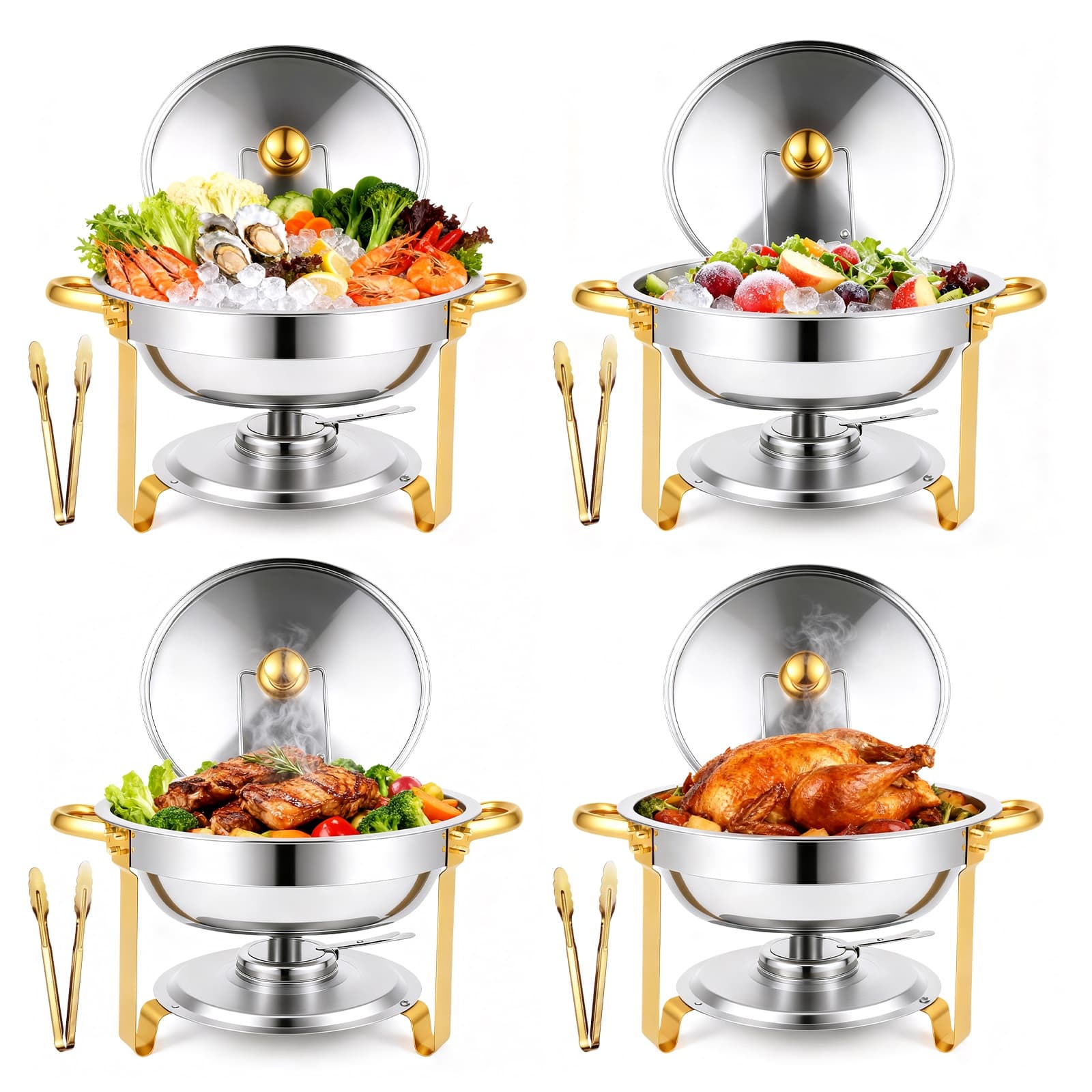 TEMU 6qt Stainless Steel Round Chafing Dishes, 2/4- Warmers For Buffet, Food Clamps, Elegant Golden And Silver Colors, Assembly, Complete Set, For Cooking