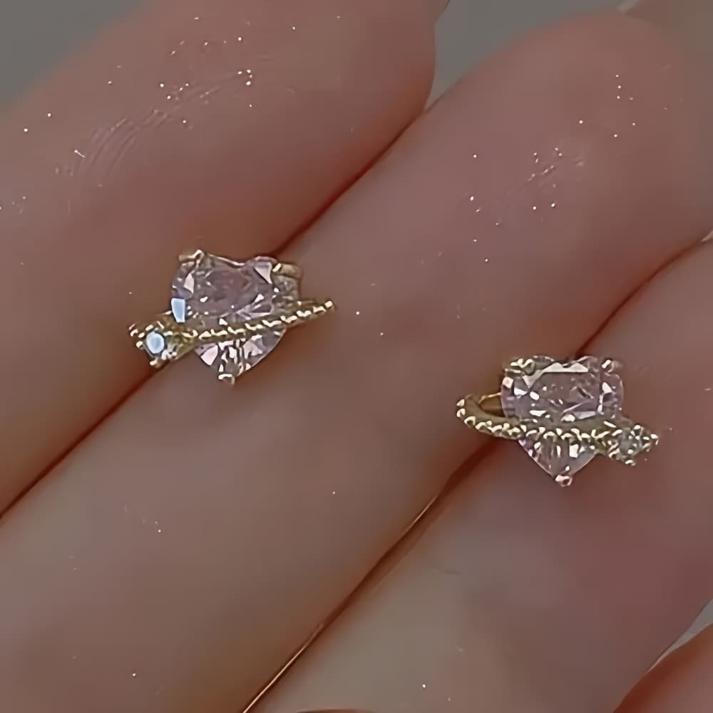 TEMU Set Of 2 Stylish Heart-shaped Crystal Earrings Featuring Copper Inlaid Zirconia And 925 Sterling Silver Studs, Designed In Japanese And Korean Fashion, Use, Parties, And Anniversary Presents