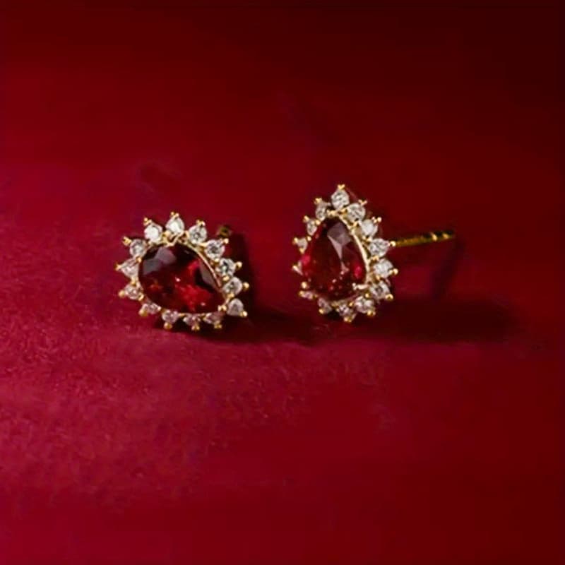 TEMU Vintage Inlaid Teardrop Red Zirconia Golden Stud Earrings For For Weddings Banquets Parties Anniversaries Gifts Daily Wear
