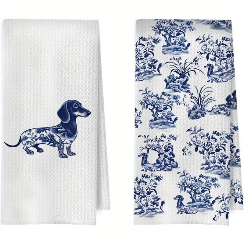 TEMU 2pcs Suitable & Dining Dachshund-themed Microfiber Tea Towels - Modern Floral Dog Hand Towels With Dachshund Print, Suitable For , Hand Wash Dish Drying & Decorative Use