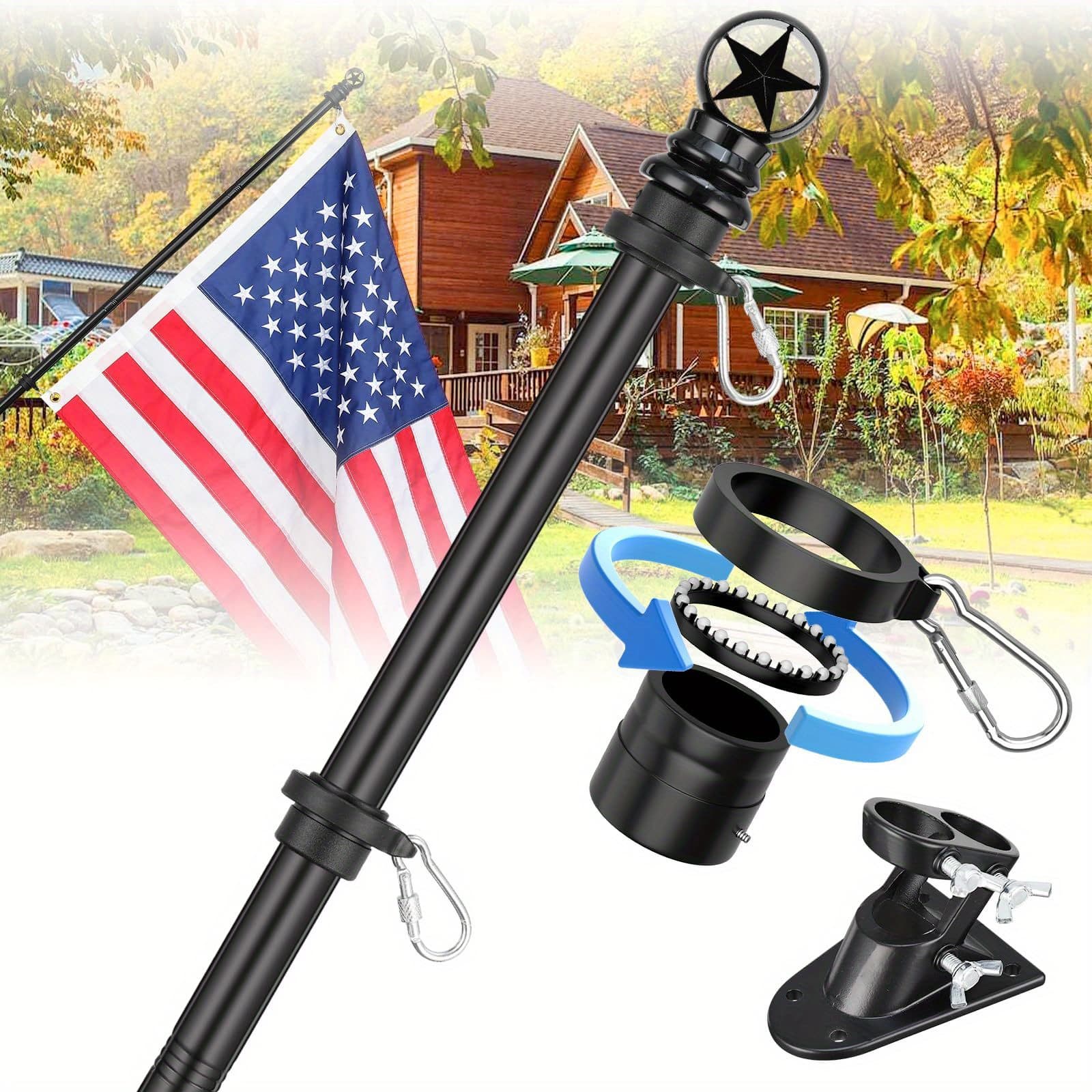 TEMU Porch Flag Pole Kit For House - 5-7ft Heavy Duty Metal Flag Pole Holder For Outside House, Upgraded Free Flagpole With Ball Bearing Swivel Rings & Aluminum Wall Mount Bracket For Outdoor, Black