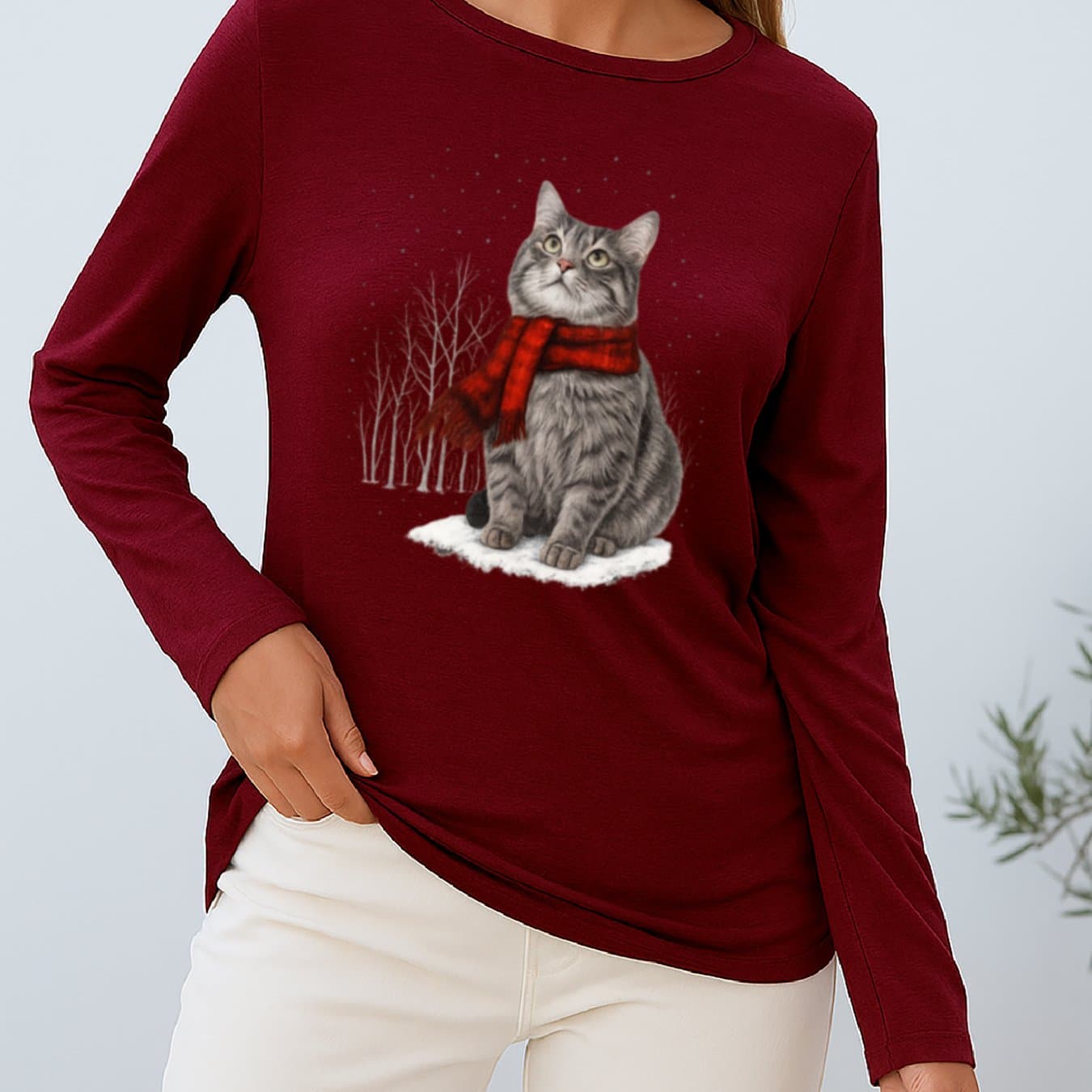 TEMU Cozy Christmas-themed Long-sleeve T-shirt For Women Featuring A Cat Design - Made From Breathable, Soft, And Medium-stretch Fabric, Machine Washable, In Colors, Women's Apparel, Crew Neck Style