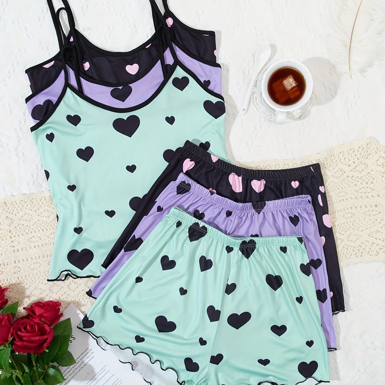 TEMU 3 Pack Heart Print Pajama Set For Women, Cami Top & Lettuce Trim Shorts, Soft Sleepwear & Loungewear, Cute Nightwear, Comfortable Summer Pajamas
