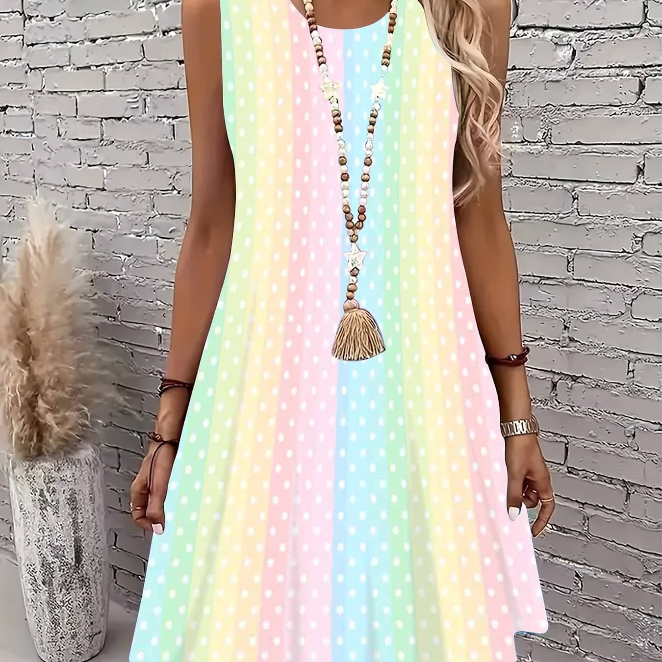 TEMU Women's Summer Casual Mini Dress With A Loose Fit, Featuring A Pastel Rainbow Polka And A Tassel Necklace, Embodying Boho Style