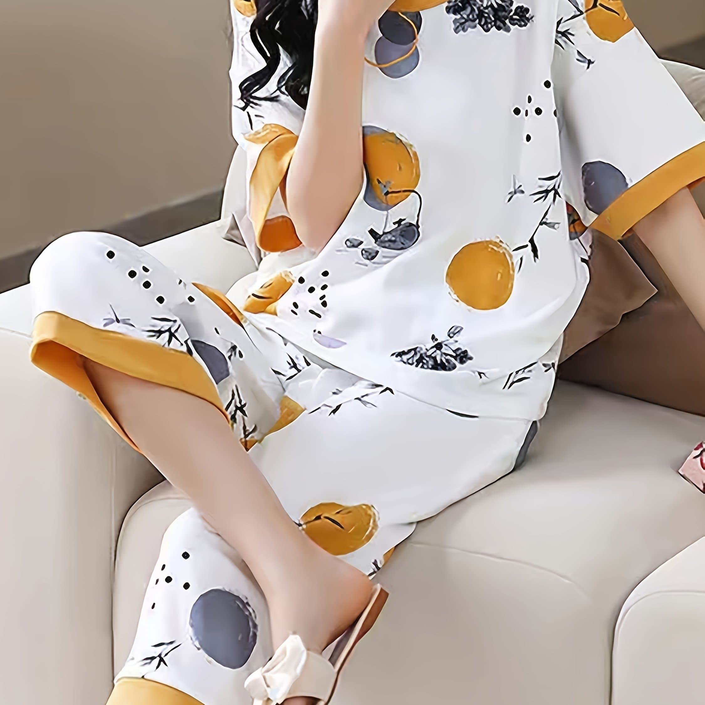 TEMU Women's Plant & Floral Polka Dot Print Comfortable Pajama Set, Round Neck Short Sleeve And 7/8 Pants Summer Loungewear, Casual Loose Fit