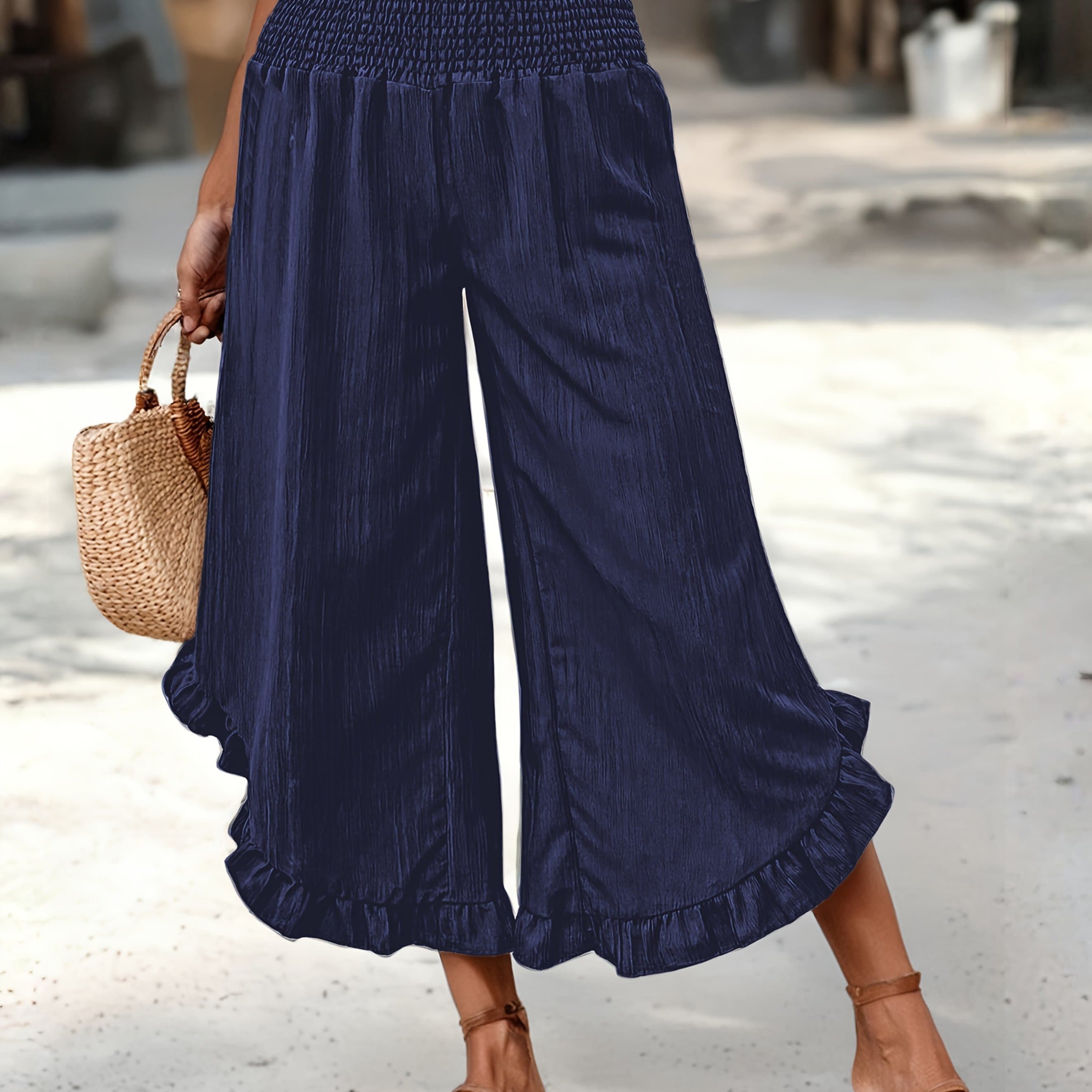TEMU Women's Wide-leg Pants With Hem - Elegant Spring Summer Solid Color Trousers, Wide-leg Non-stretch Machine Washable Pants Suitable For Beachwear, Office & Semi-formal Attire