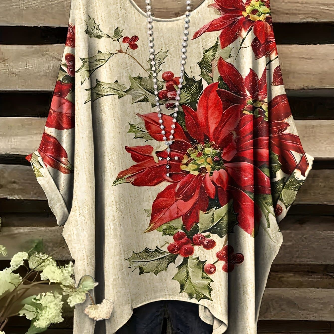 TEMU Plus Size, Summer New Arrival Women's Plus Size "poinsettia" Floral Print Batwing Sleeve Crew Neck T-shirt, Daily Casual Loose Fit V-neck Irregular Hem Top, No Accessories Included