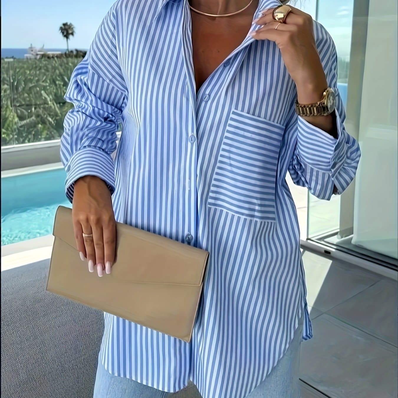 TEMU Casual Vacation Loose Fit Striped Shirt