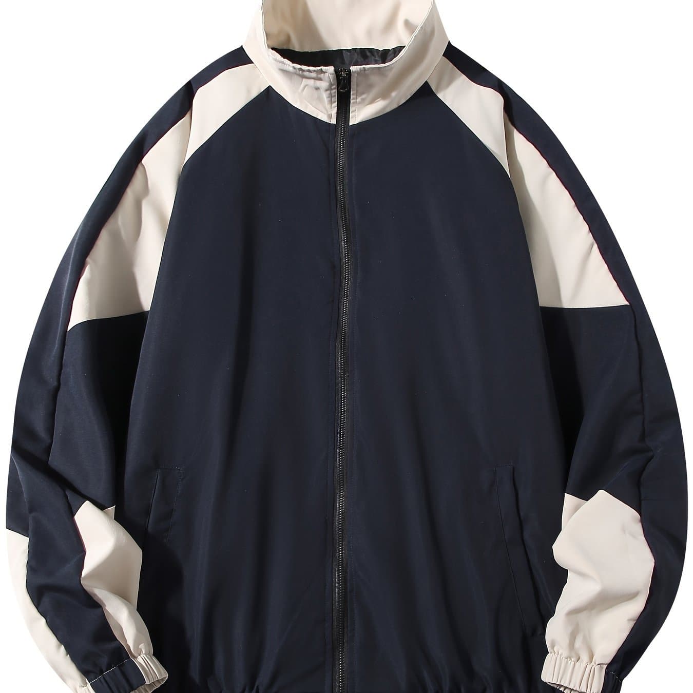 TEMU Men's Color-block Zip-up Jacket - Spring/autumn Fashionable Academic Style Loose Fit Outerwear With Pockets, Suitable For Streetwear And Outdoor Sports