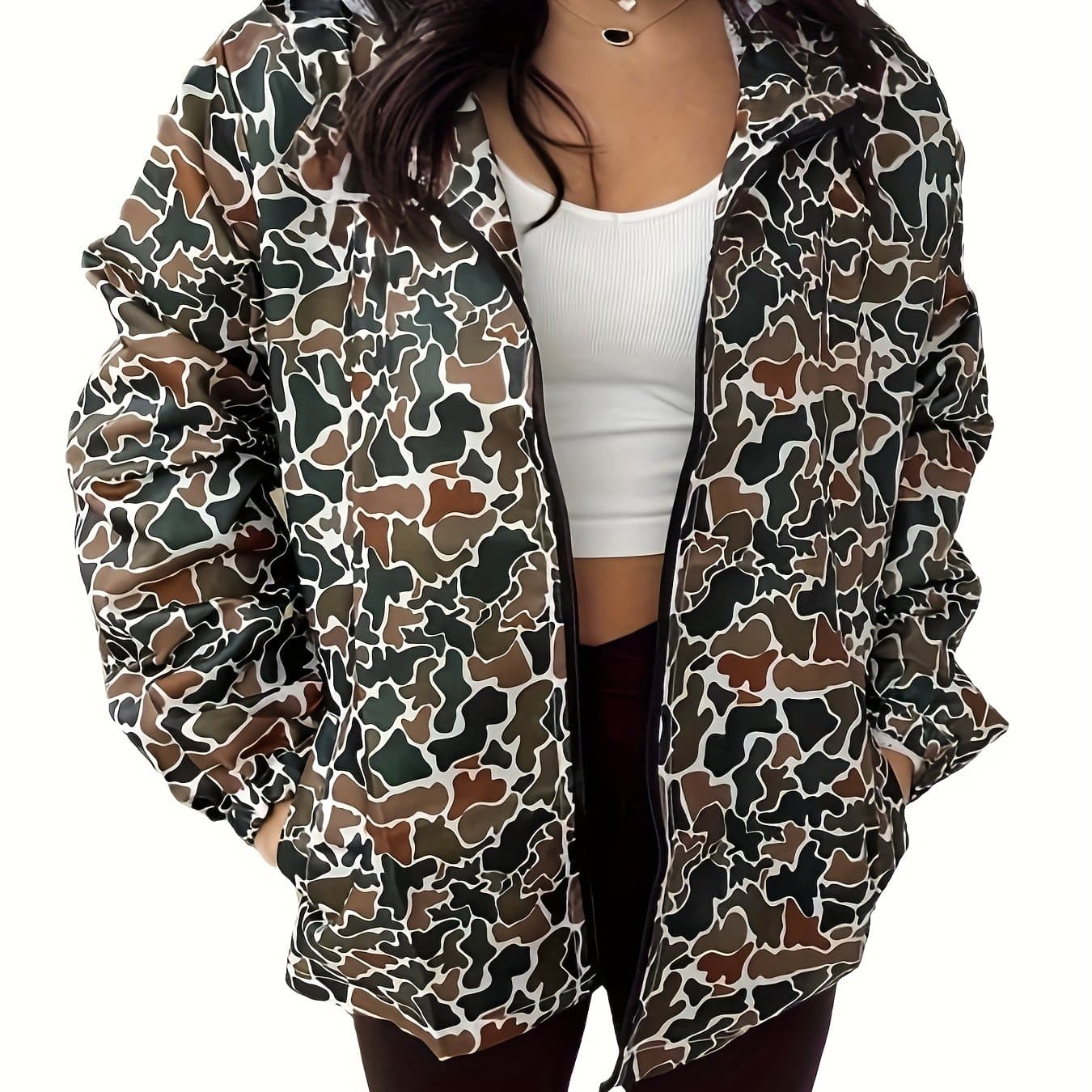 TEMU Women's Casual Camouflage Hooded Jacket - Lightweight Zip-up Spring/fall Outerwear With Adjustable Hood, Machine-washable Regular Fit For Everyday Casual