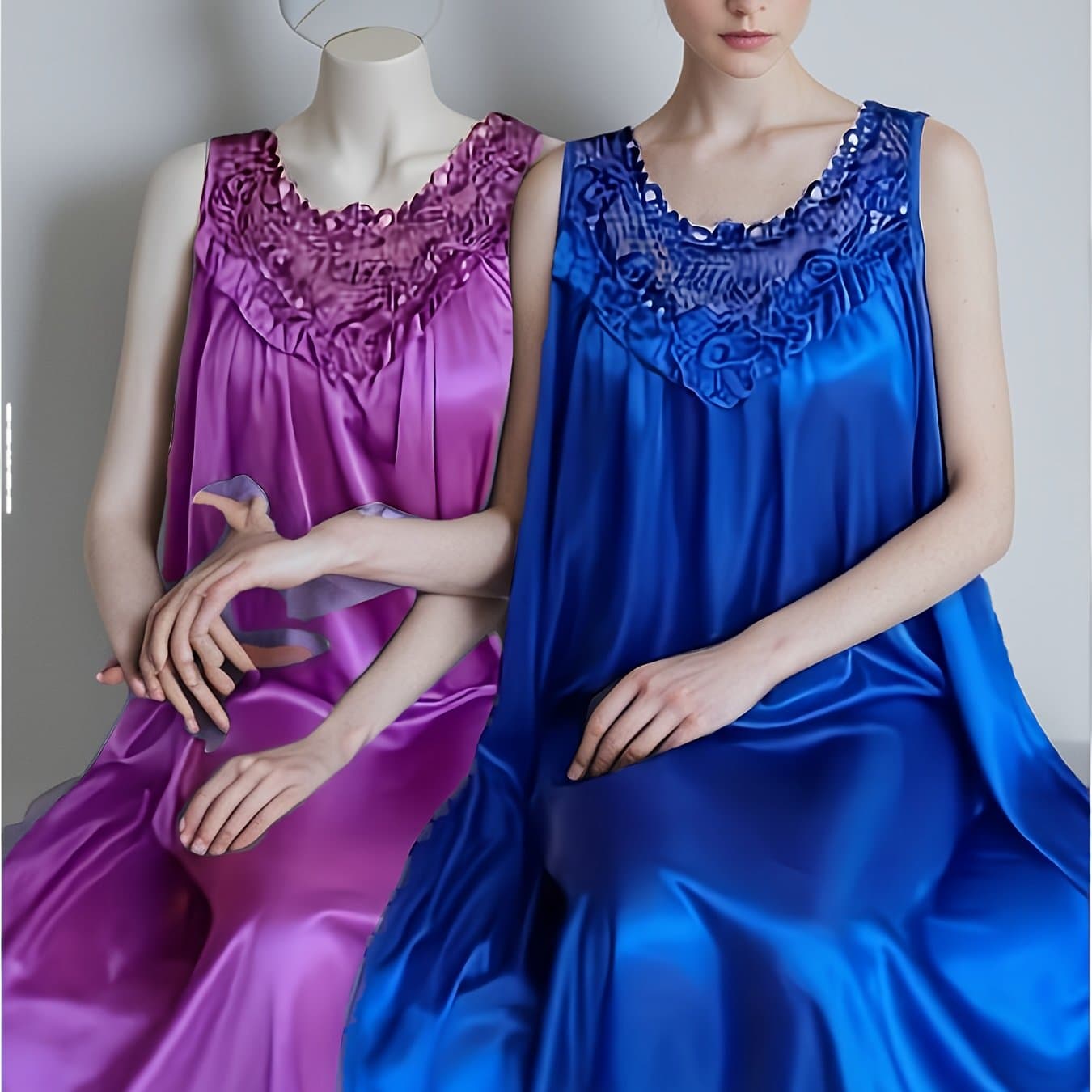 TEMU 2pcs Set Women's Elegant Lace Round Neck Nightgown, Summer Casual Loose Sleeveless Dress, Comfortable Camisole Nightgown Valentine's Day Birthday Gift
