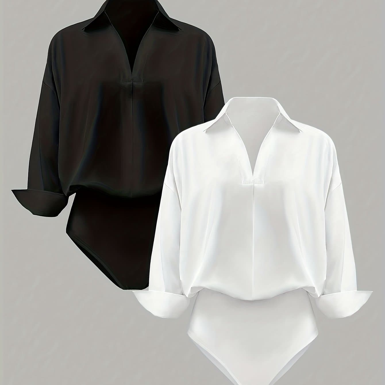 TEMU Women's Spring/summer Casual Loose- V-neck Long-sleeve Shirt Bodysuit, A 2pcs Set Of A Stylish, Elegant, And Versatile Bodysuit That Alone Or Layered