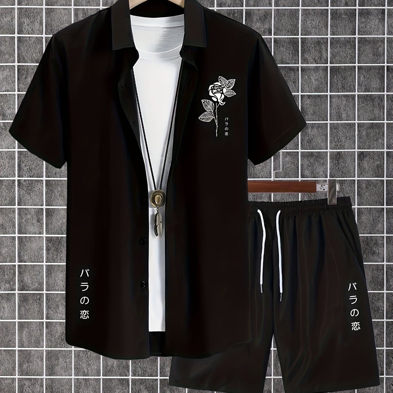 TEMU 2pcs Print Men's Summer Short Sleeve Button-up Shirt And Shorts Set
