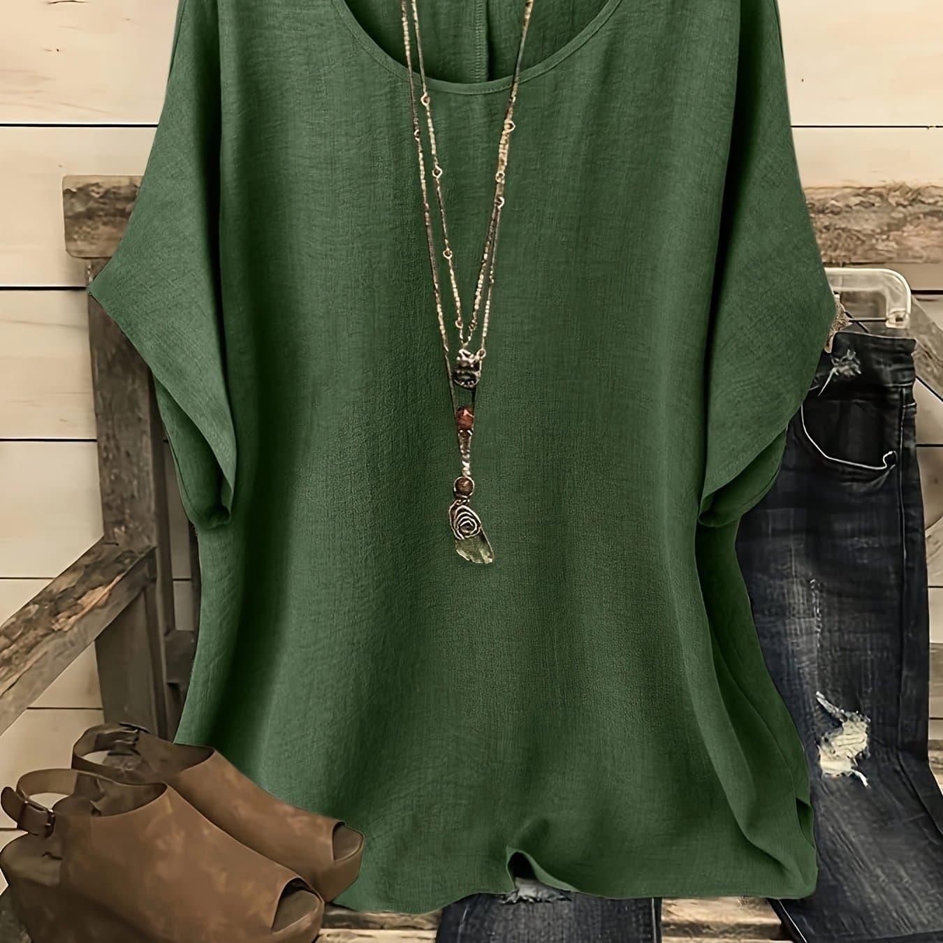 TEMU Plus Size, Plus-size Women's Casual Vacation Solid Color Batwing Sleeve Shirt