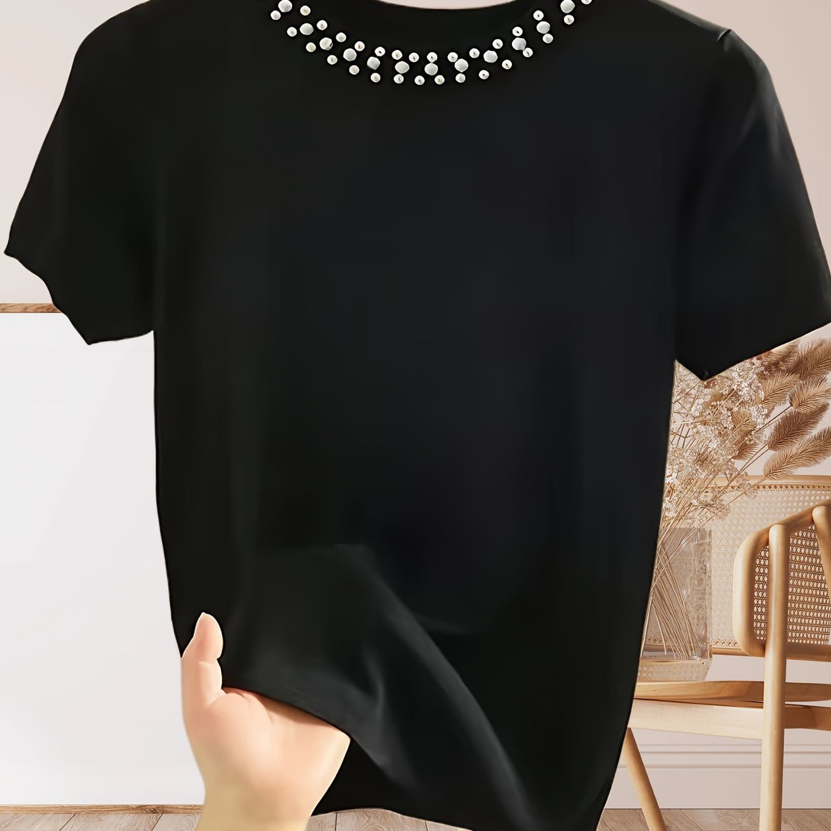 TEMU New Women's Fashion Valentine's Day 3d Pearl Embellished Casual T-shirt