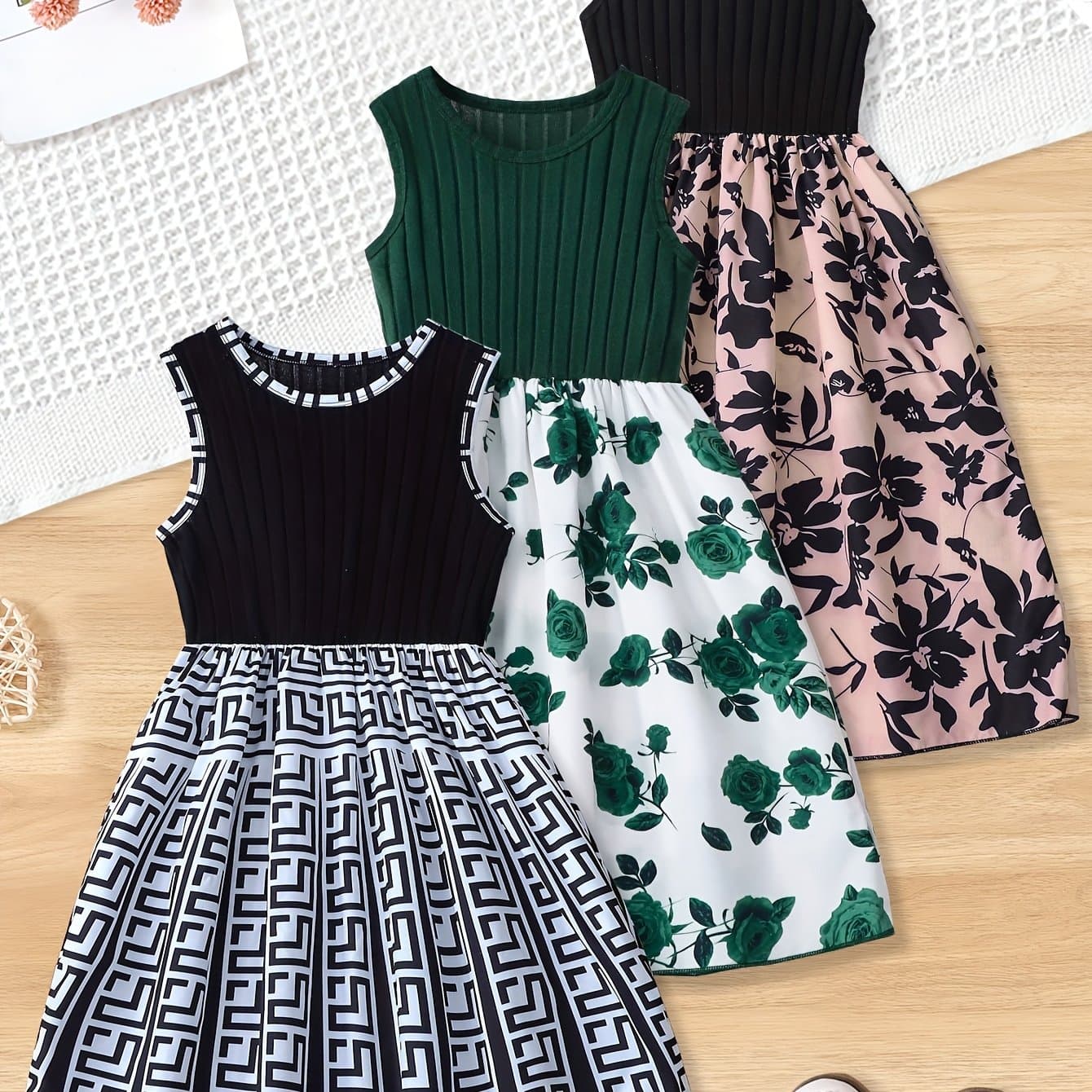 TEMU 3pcs Set And Older Girls' Summer Solid Round Neck Vest With Geometric Pattern And Floral Print Hem Elastic Waist Skirt - Summer Outing Casual Dress